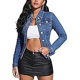 SEMATOMALA Women Cropped Denim Jacket Lapel Button Down Long Sleeve Slim Fitted Stretchy Short Jean Jacket with Pockets