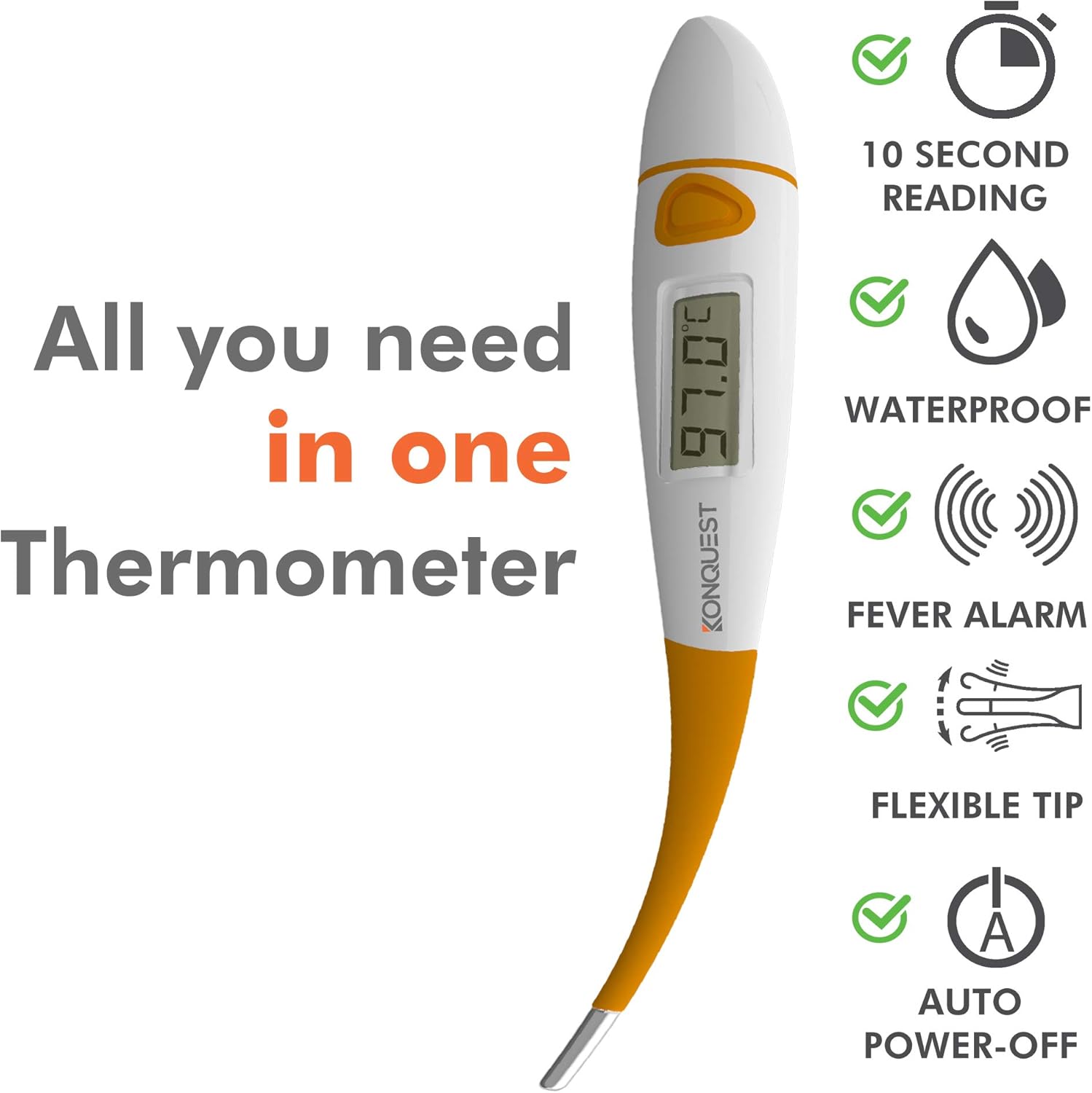 Konquest KDT-1201 Best Digital Medical Thermometer, Highly Accurate and Fast, Easy to Use, 10 Second Reading. Detect Fever Quickly - Oral Armpit and Rectal Thermometer for Babies Children and Adults: Health & Personal Care