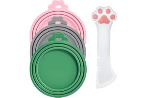 GIOZOC Cat Food Can Covers Lids & White Spoon, Pink/Grey/Green Lids, Can Covers for Dog/Cat Food Cans, Fit 3 Standard Size Pet Food Cans, Spoon with Opener Paw & Mini Spatula