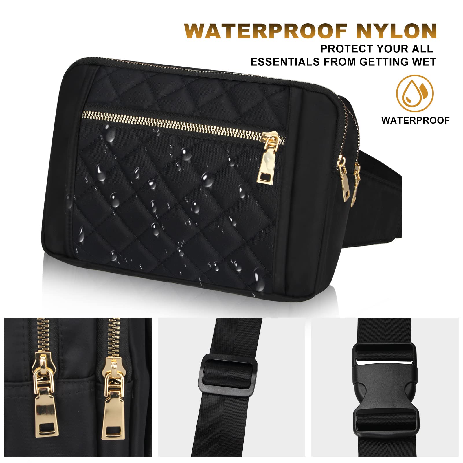 Cute Large Black Fanny Packs for Women Cross Body Waist Bag Nylon Fashionable Fanny Pack Designer Workout Hiking Waist Pack Running Travel Gym Pretty Zipper Fashion Quilted Womens Fanny Pack