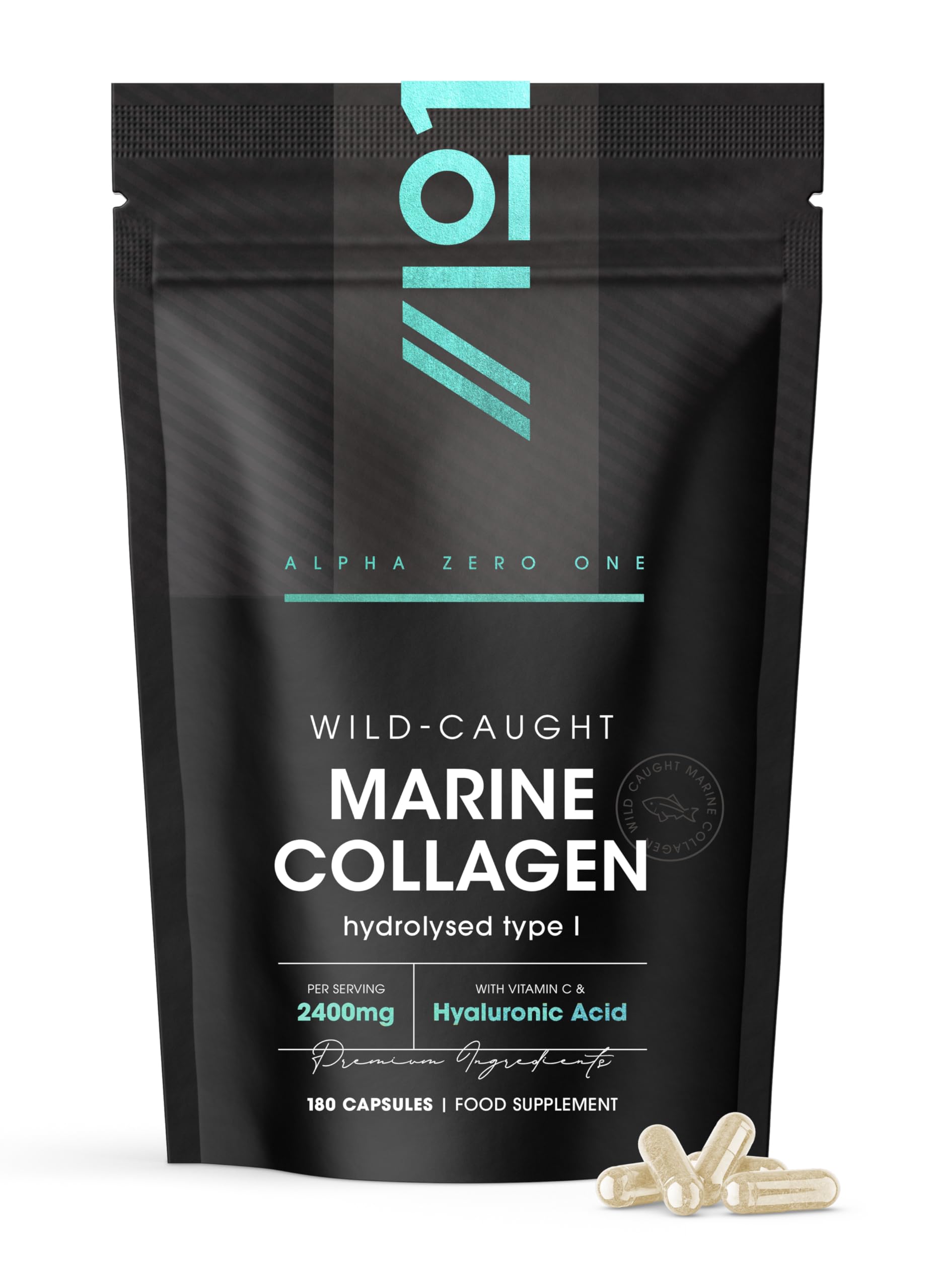 Marine Collagen Capsules 2400mg - Wild Caught with Hyaluronic Acid & Vitamin C - 180 Capsules (Not Collagen Powder/Collagen Tablets) - Collagen Complex for Skin Joints & Hair for Women & Men