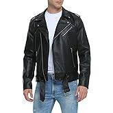 Fahsyee Leather Jackets for Men, Faux Bomber Jacket Mens Motorcycle Lapel Asymmetric Zip-Up Belt Slim Fit Biker Coat