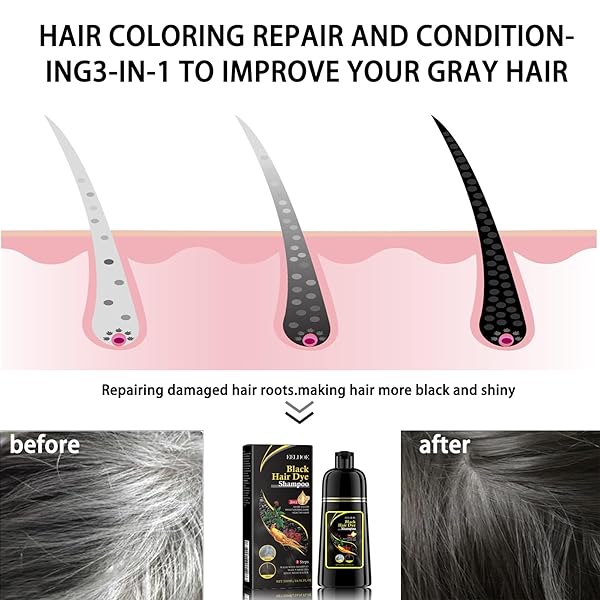 BLACK HAIR DYE SHAMPOO 3 IN 1, SHAMPOO HAIR DYE, HERBAL INGREDIENTS NATURAL BLACK HAIR SHAMPOO, SEMI-PERMANENT GRAY WHITE COVERAGE FOR WOMEN MEN (500ML BLACK）