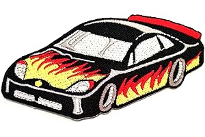 NIPITSHOP CUTE CAR CARTOON PATCHES Nipitshop Patches Black Car Flame Patch Supercar Racing Cartoon Embroidered Iron Patch Sew On Patch Clothes Bag T-Shirt Jeans Biker Badge Applique for Happy Birthday Gift