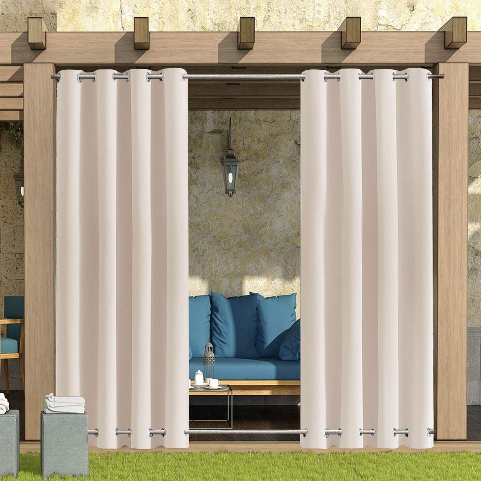Rosnek Outdoor Curtains Waterproof,Thermal Insulated Pergola Curtain Blackout Gazebo Curtains Waterproof Windproof with Drape Eyelet Top and Bottom,Beige,52W''x 96L'',1 Panel