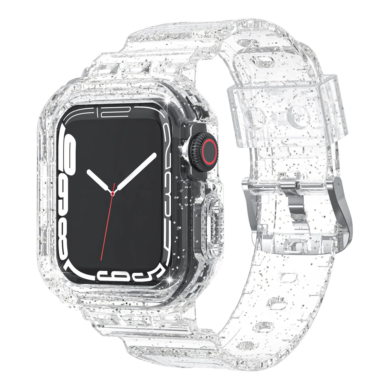 Miimall Clear Strap Compatible with Apple Watch SE Series 8/7/6/5/4/3/2/1, Soft Silicon Bling Sports Band with Rugged Bumper Case Adjustable Replacement Strap for iwatch 41mm/40mm/38mm-Clear