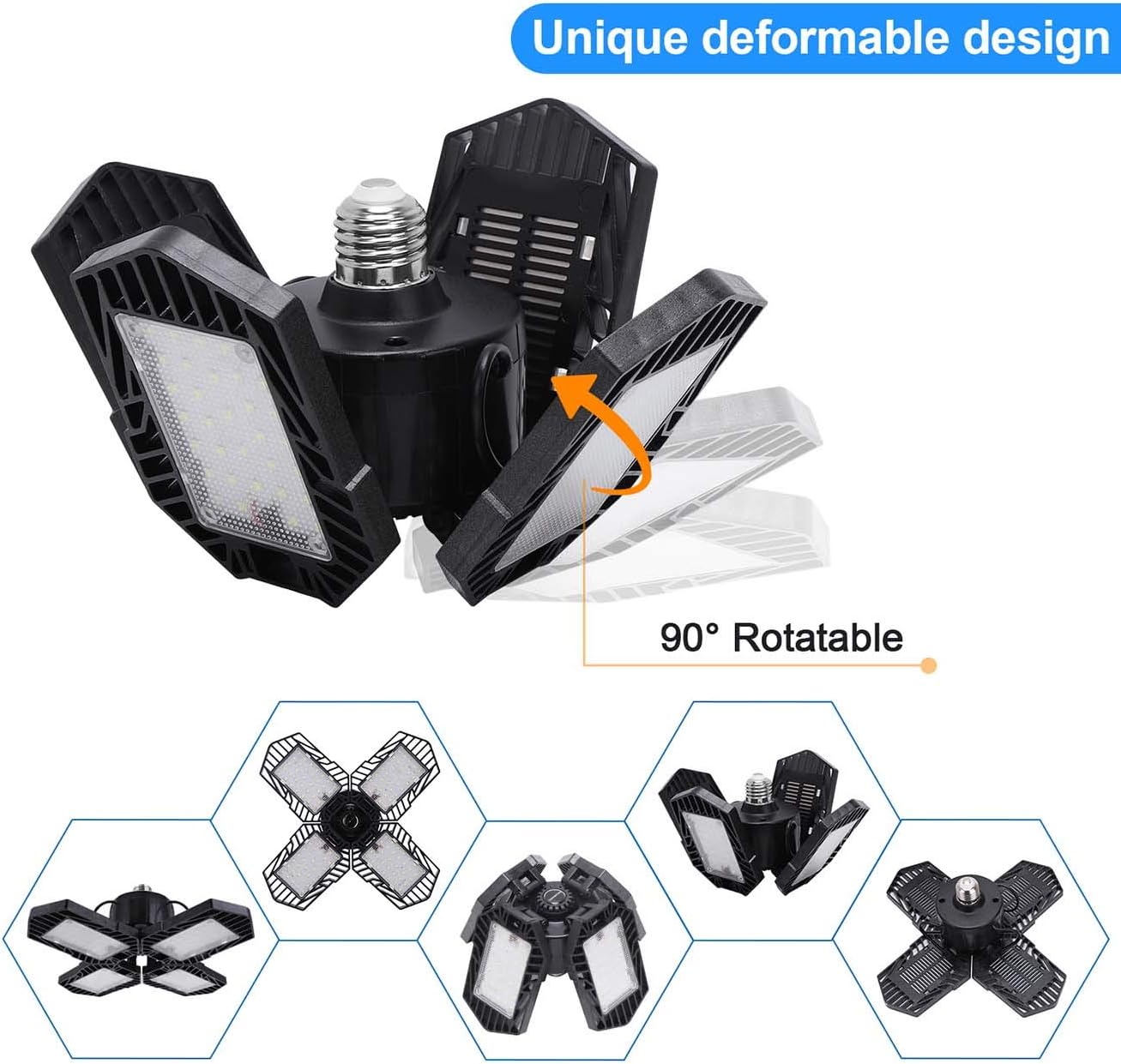 LED Garage Lights, 2 Pack 60W E26 Screw in 6000LM Deformable Led Garage Lights 6500K, 110V LED Basement Lights Tribright Led Adjustable Light Full Area for Garage Warehouse Workshop Shop (2-Pack) - - 