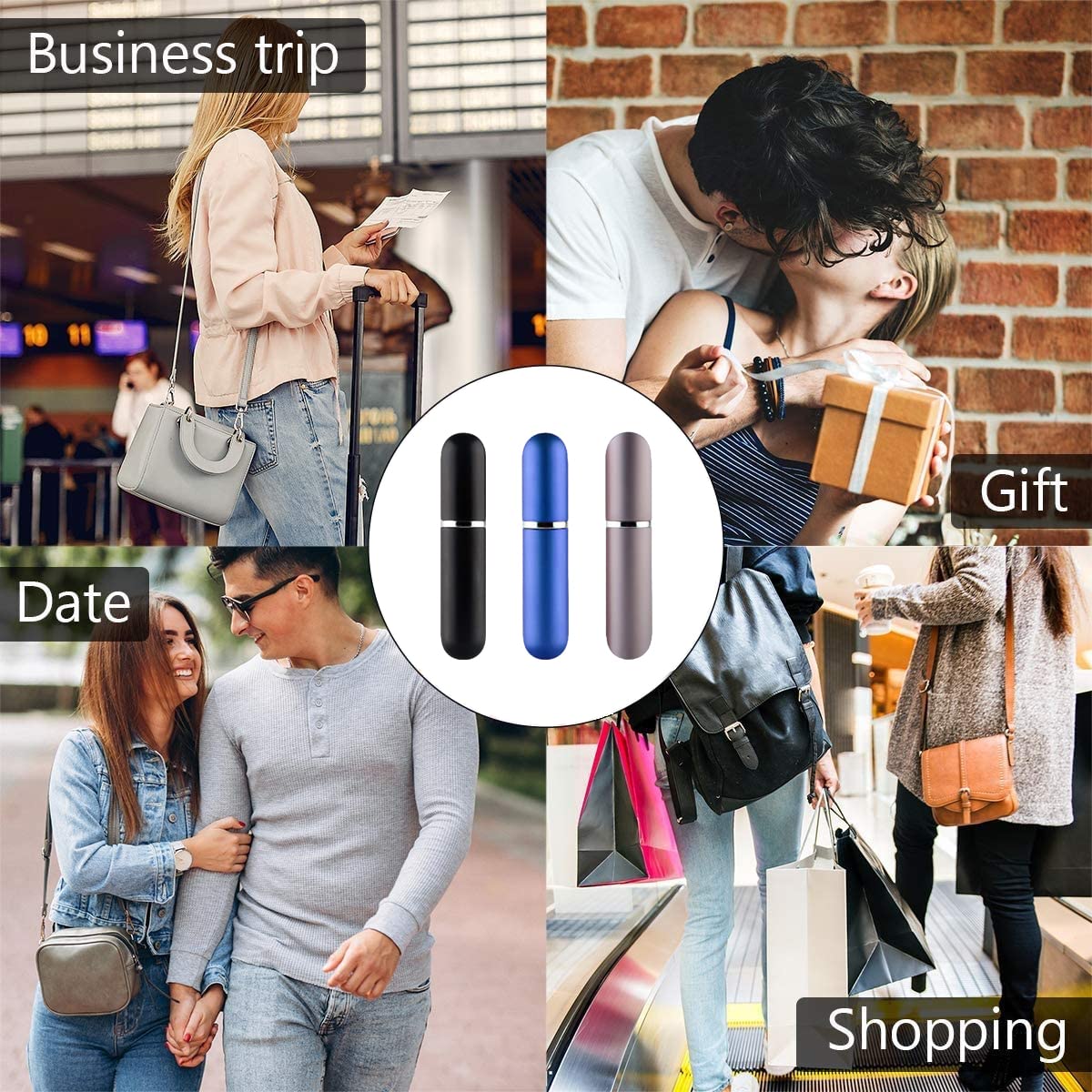 Travel Refillable Perfume Atomisers, 5ML, 3 Pcs Mini Portable Spray Bottles, Round Tube Set With 1 Flat Separated Tool, for Home Business Trip (Black+Blue+Champagne)(4pcs)