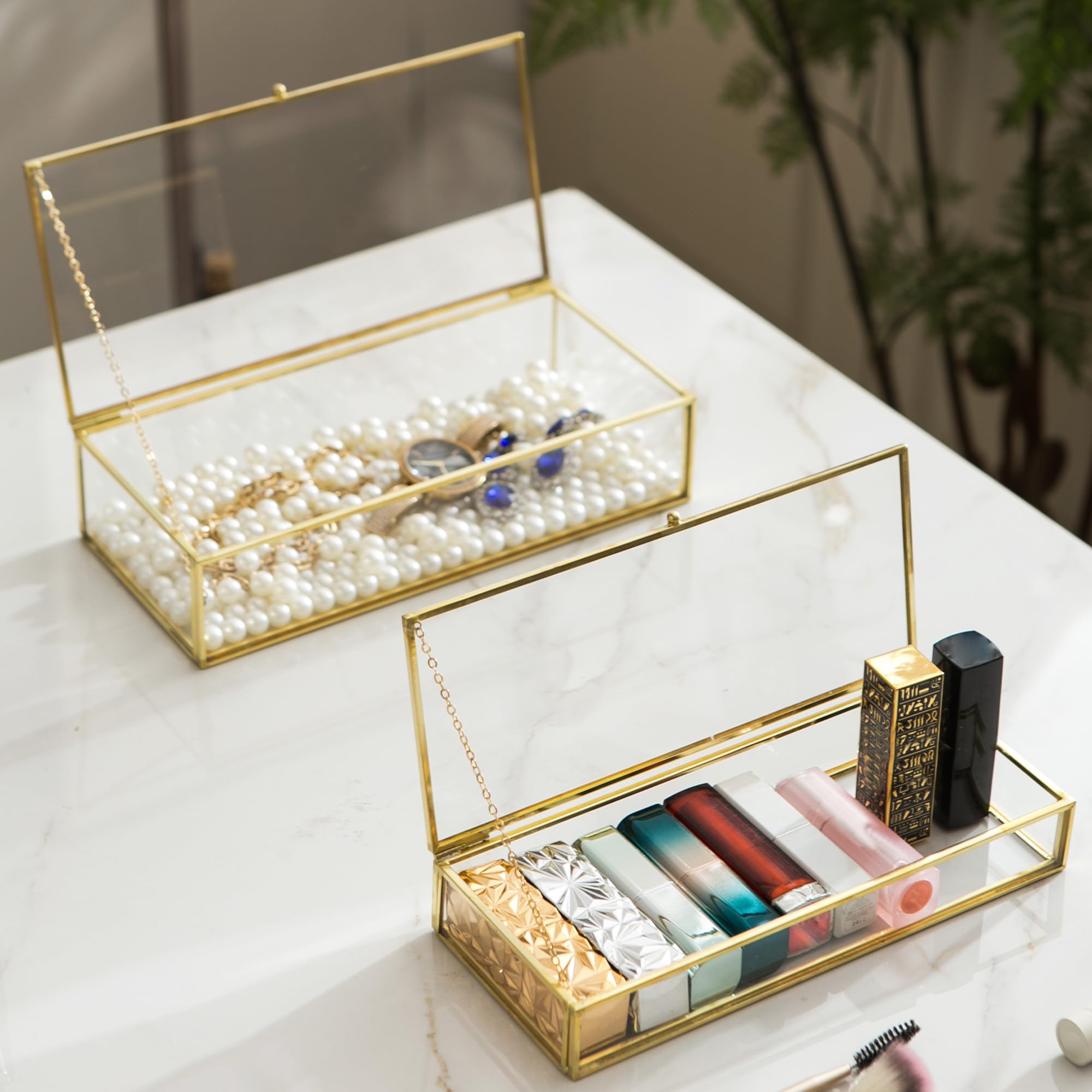 Photo 1 of *top glass needs to be reset into place* Giadun Glass Vintage Jewelry Box Set, 2pcs Rectangle Jewelry Display Lipstick Organizer Box Vanity Lidded Box Home Decor Accent Decorative Box for Storage Trinket Rings Bracelet