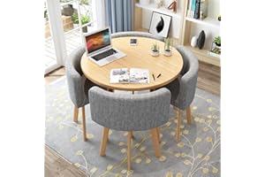 SUZEPER Round Kitchen Dining Table Set for 4, Space Saving Table and Chairs Set with Thick Tabletop 4 Upholstered Chairs, Din