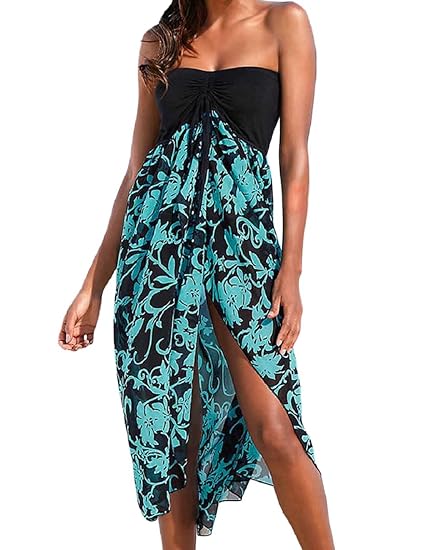 SEBOWEL Damen Bohemian Blumendruck Schulterfrei Knielang Strandkleid Schwarz Weiß Sommerkleid Frauen Bademode