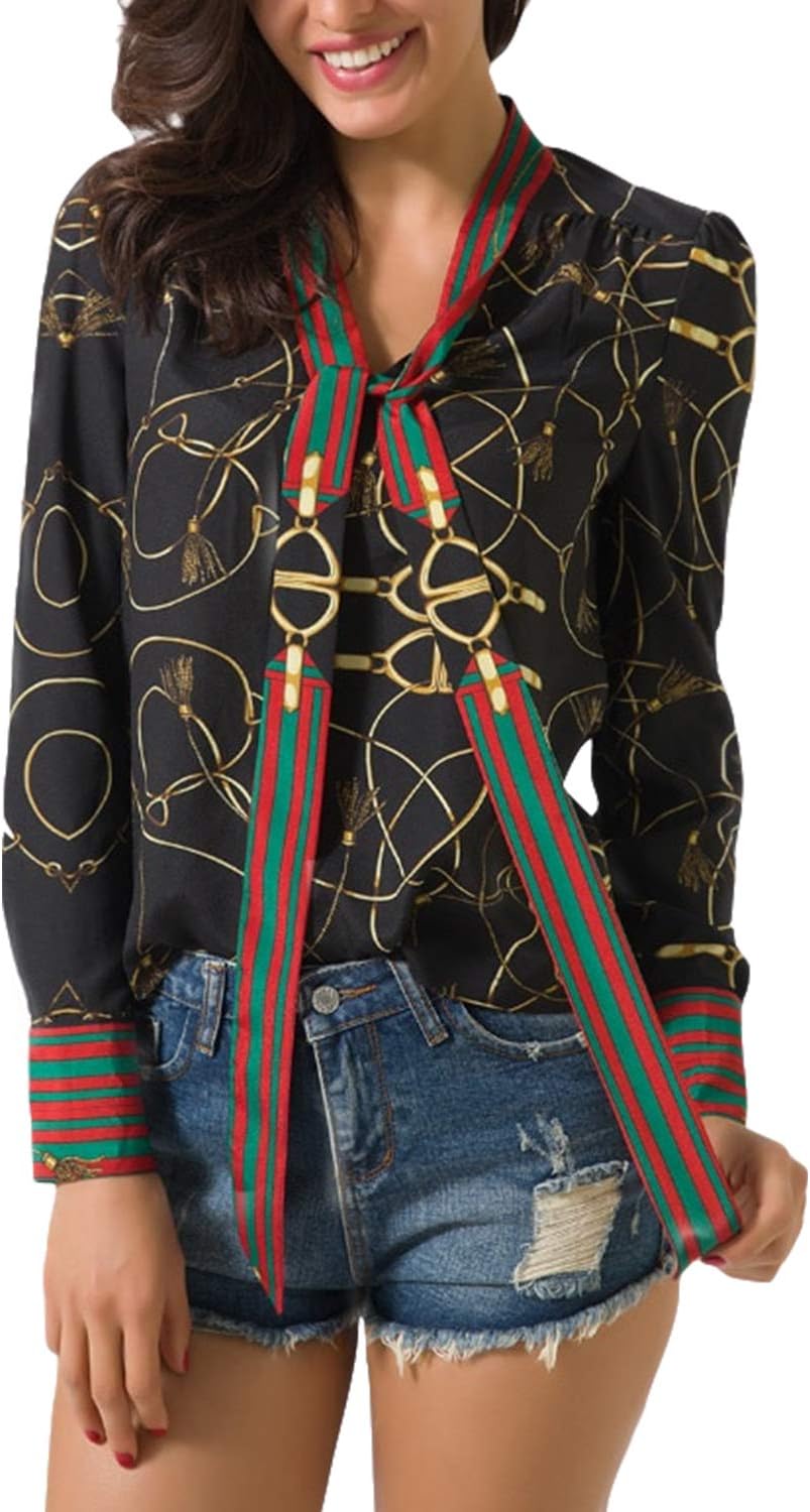 Floral Print Women's Tops Casual V Neck Long Sleeve Ribbon Chiffon Top Shirts Work Blouse for Women
