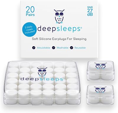 Deep Sleeps Silicone Ear Plugs for Sleeping – 20 Pairs, Reusable, 27 dB