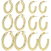 6 Pairs Simple Gold Hoop Earrings Set for Women Trendy, 14K Gold Plated Chunky Hollow Tube Hoops Earrings, Hypoallergenic Lightweight Large Hoops Jewelry 25/30/35mm