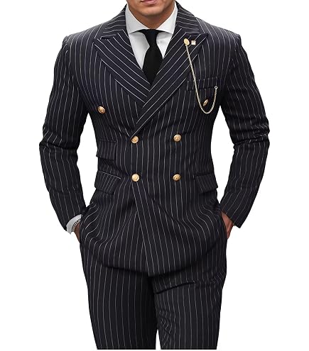 Black Suits for Men Funeral Pinstripe Double Breasted Tuxedo Slim