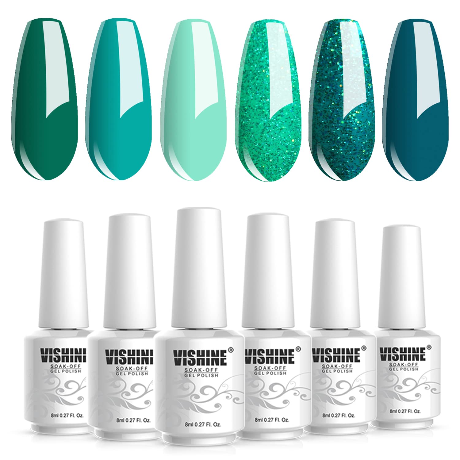 Vishine Gel Polish Set Green Teal Blue Glitter Colors 6pcs Soak Off UV LED Gel Nail Manicure Kit 8ML