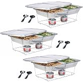 Sterno Disposable Chafing Dish Buffet Set With 6-Hour Fuel, 30 Piece | 3 full-size buffet setups with 6 fuel cans, 3 water pans, 6 half-size food pans, 6 lids, 3 wire racks, and serving utensils