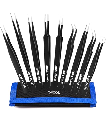 Aoje-Link ESD-11 Professional Anti-Static Technology Tweezers, Non-magnetic Fine Tip Straight, Stainless Steel Plastic Coated, Full Length 142mm, Black, 4pcs
