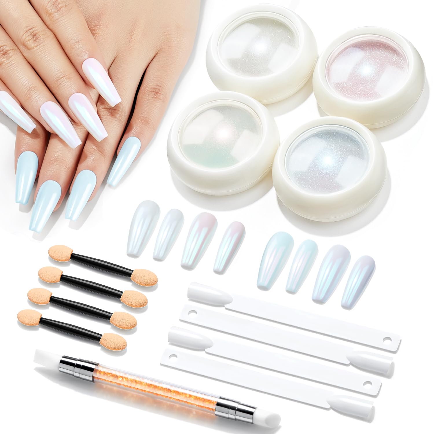 Modelones Chrome Nail Powder Set -4 Pearl Effect Pigment White Silver Chrome Powders for Gel Nails, with 1Pcs Silicone Nail Brushl, 4Pcs Cotton Swabs and 4Pcs Color Display Sticks