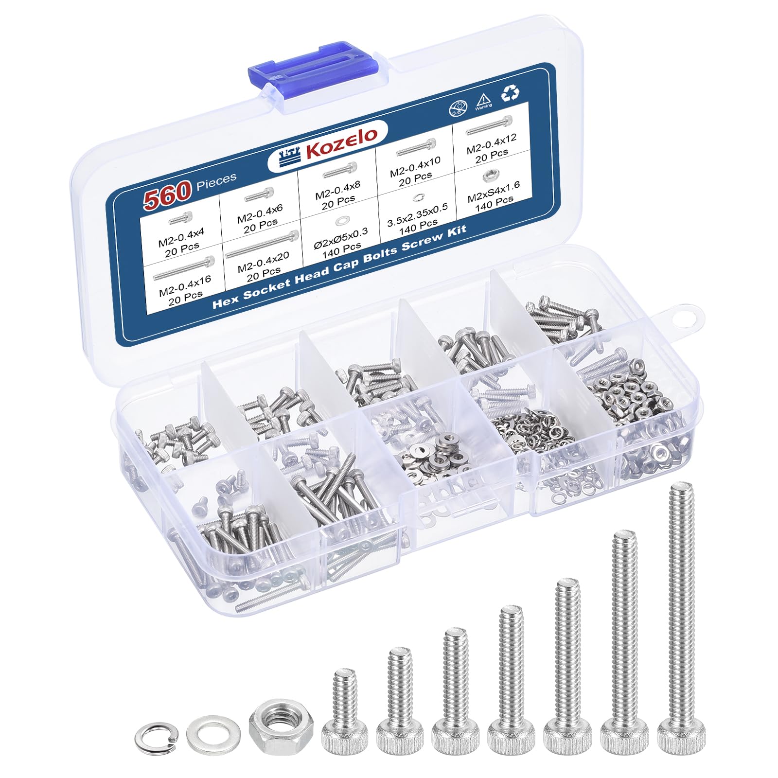 Kozelo 560pcs M2 Socket Head Cap Screws Bolts Nuts Assortment Kit - [M2x4/6/8/10/12/16/20mm] 304 Stainless Steel Allen Socket Drive for 3D Printer