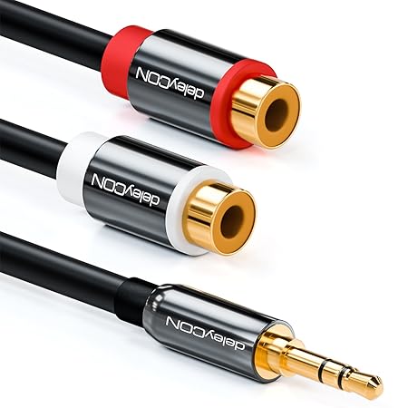 deleyCON HQ Stereo Audio Cinch zu Klinken Adapter - 3,5mm Klinken Stecker zu 2x RCA Cinch Buchse - METALL - vergoldet