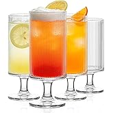 INSETLAN Set of 4 Ribbed Glass Goblets – 12oz Vertical Stripe Stemmed Glassware for Cocktails, Wine, and Beverages – Elegant Durable Glass Cups for Parties, Weddings, and Everyday Use