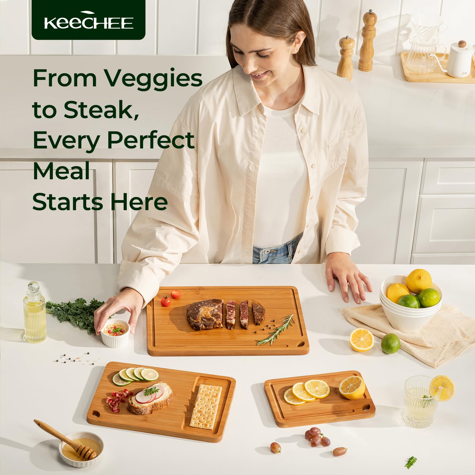 Bamboo Cutting Board, Durable Wood Cutting Boards for Kitchen with Deep Juice Grooves & Built-in Handles, Ideal Charcuterie & Chopping for Meat, Vegetables and Fruits Ideal Kitchen Gifts