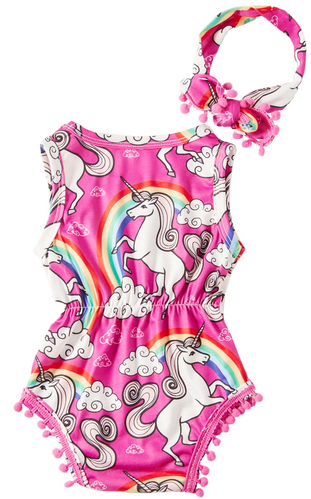 Leapparel 6-12 Months (Size 90) Baby Girls Printed Rainbow UnicornRose red Outfit First Birthday Rompers with Headband Long Sleeve Children Clothes ,Unicorn,3-6Months (Size 80)