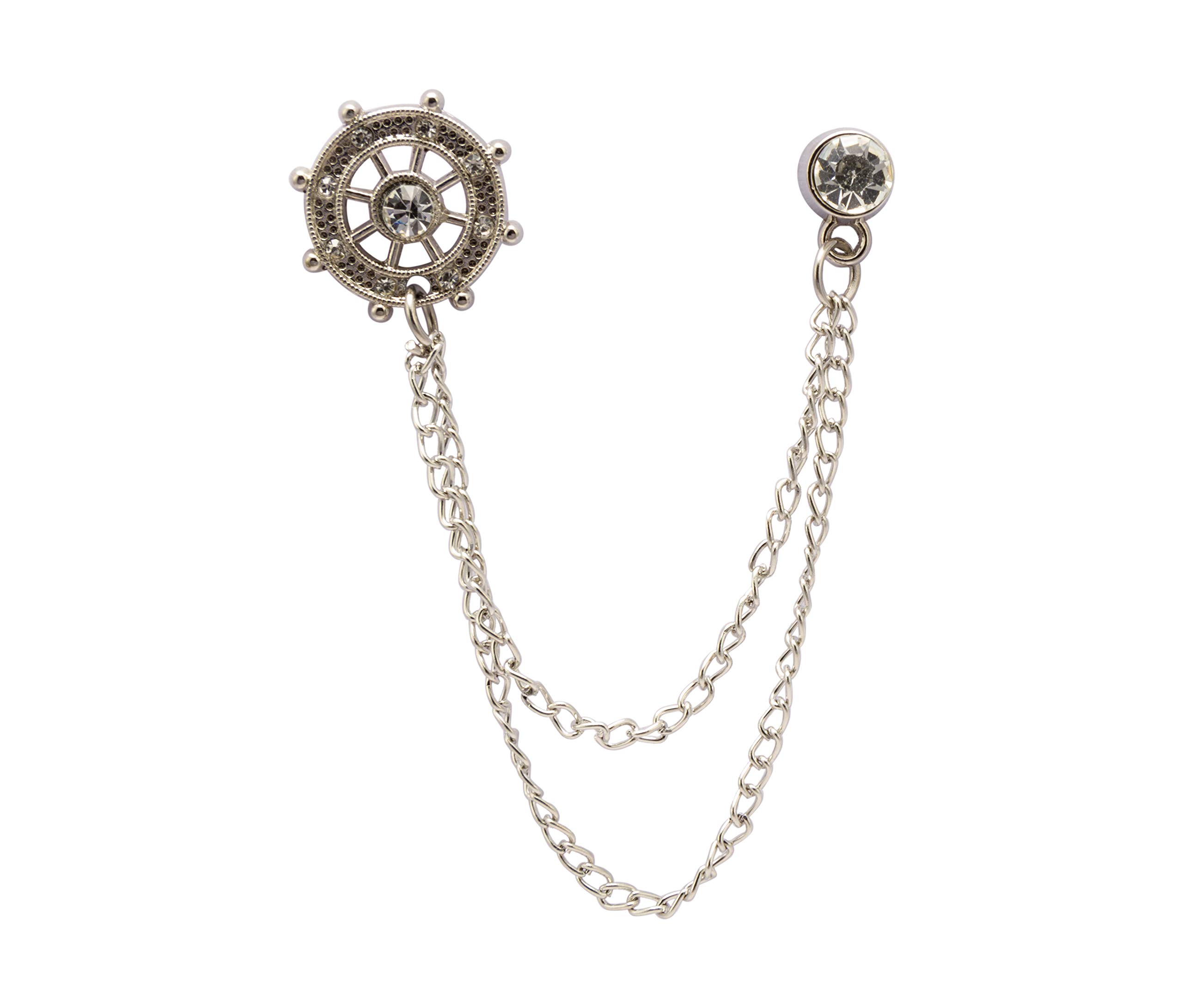 Brooch Lapel Pin for Men Silver Crystal Ships Wheel with Metal Hanging Chain Lapel Pin Badge Coat Suit Wedding Gift Party Shirt Collar Accessories