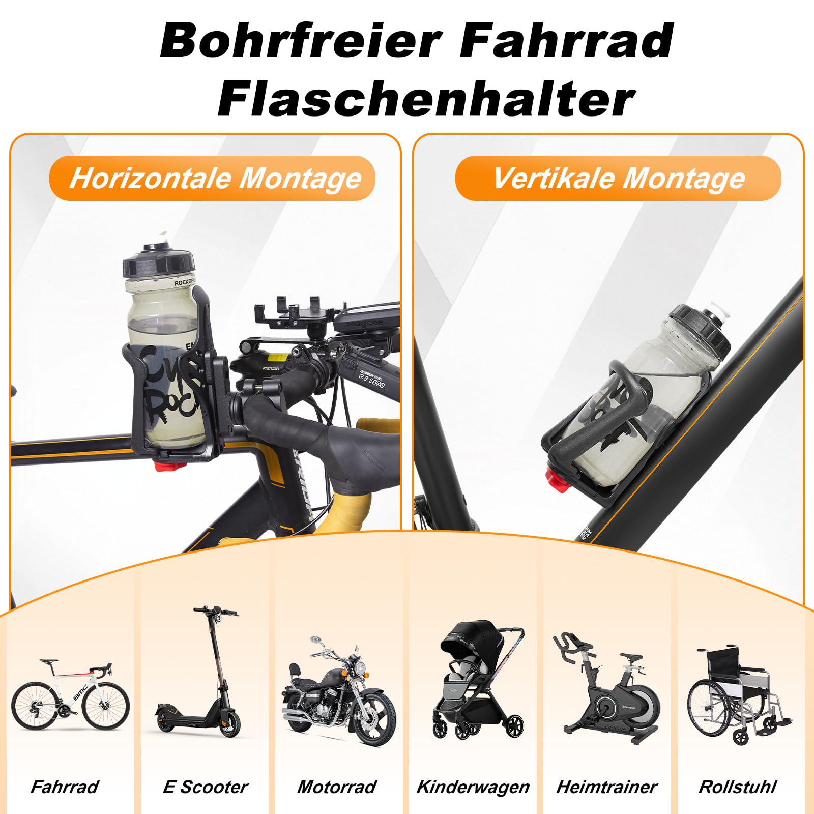 SUNFATT Fahrrad Flaschenhalter & Getränkehalter Fahrradlenker (360° Drehbar) – Trinkflaschenhalter Fahrrad, E-Bike, E-Scooter, Motorrad & Kinderwagen – Ohne Bohren, Ø 45-78mm – Fahrrad Zubehör 4