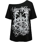 RoseSeek Women's Off The Shoulder Tops Gothic Graphic Tee Y2k Grunge Vintage Oversized T Shirts Trendy Outfits