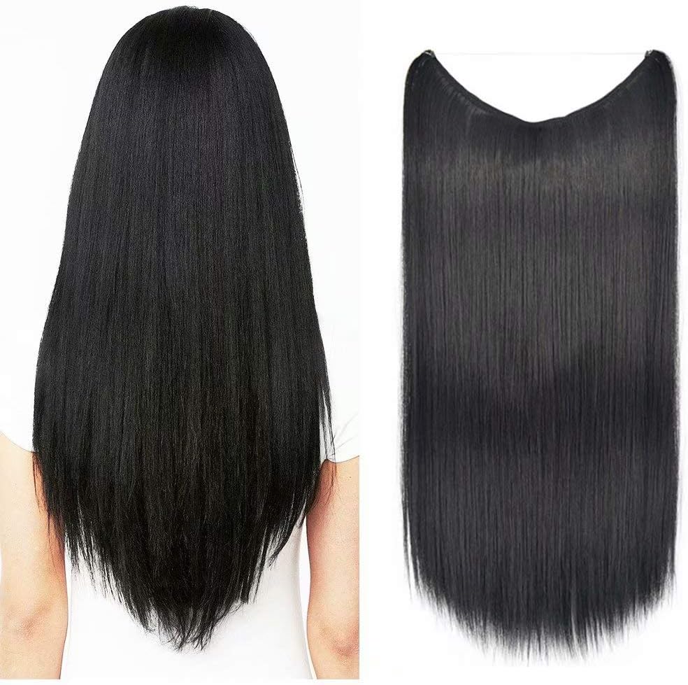 iLUU 22" 1-pack Full Head Straight Flip in on Synthetic Hair Extensions Long Smooth Natural Hair Pieces Fish Line Invisible Halo Hair Extensions for Women 80g Per Piece - #1 Jet Black