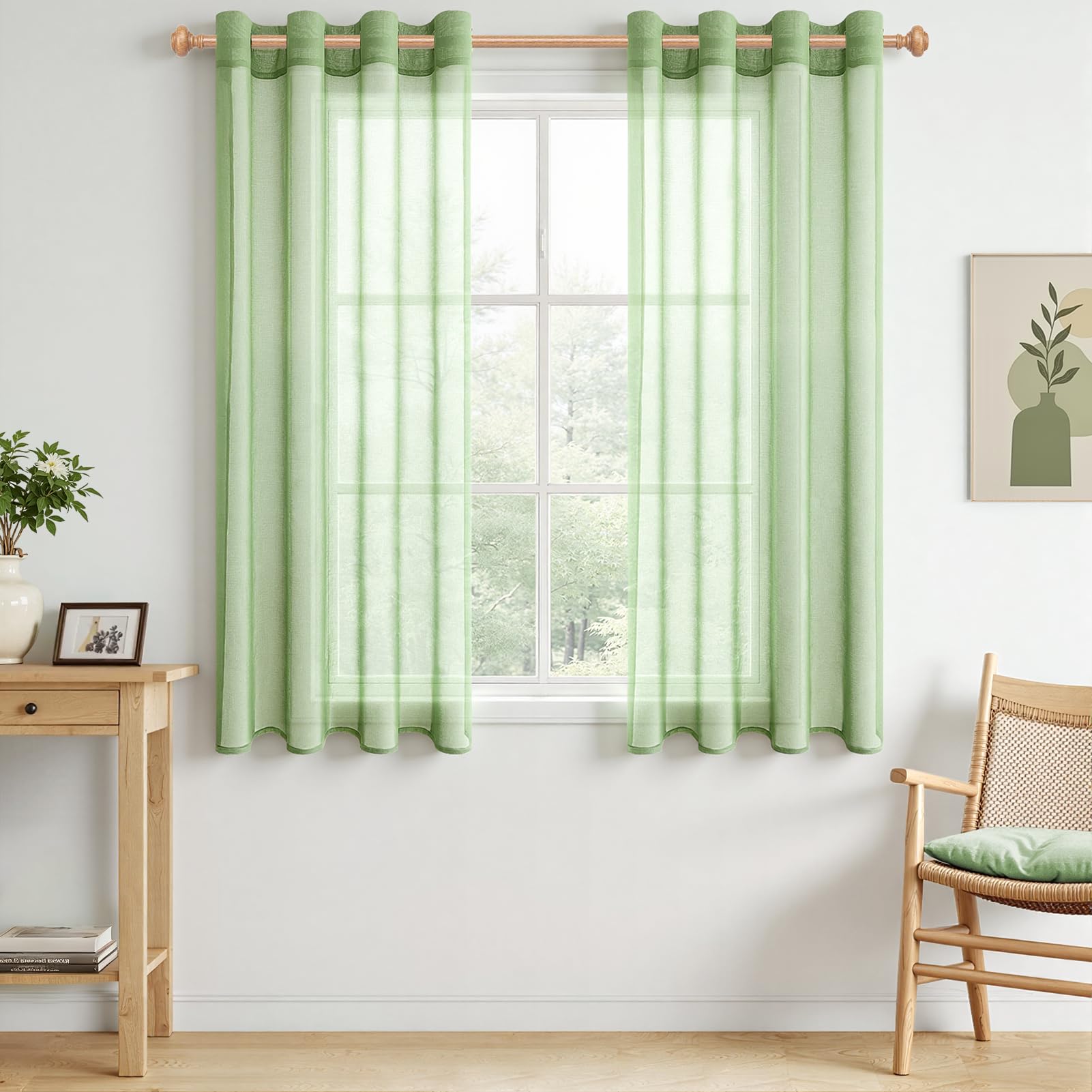CUTEWIND Curtains with Eyelets Living Room Semi-Transparent Voile Polyester Eyelet Curtain Transparent Living Room Curtain for Bedroom 140 x 145 cm W x H Grommet Top 2 Pieces Green