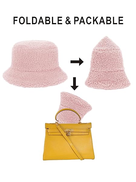 RULALA FANCY WOMEN’S FAUX FUR BUCKET HAT TEDDY STYLE CLOCHE HAT WINTER FURRY WARM FISHERMAN CAP(PINK)