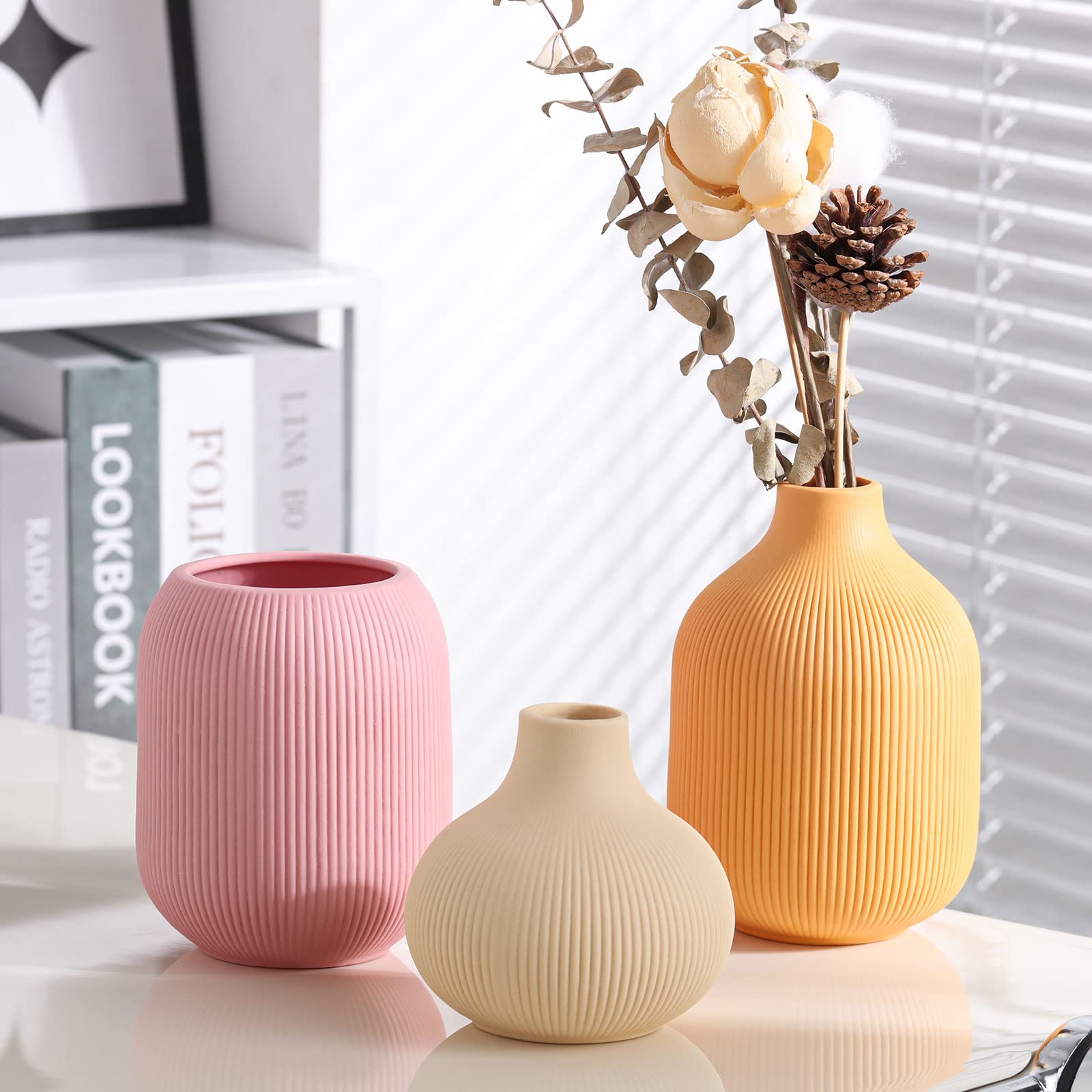Ceramic Vase for Decor,Small Boho Vases Set for Home Decor,Modern Minimalist Farmhouse Decor,Decorative Bud Vases for Shelf Decor,Table, Bookshelf, Mantel and Entryway(Pink+Light Yellow+Orange) - Image 2