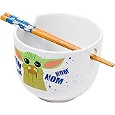 Silver Buffalo Star Wars Mandalorian Baby Yoda Grogu Nom Nom Ceramic Ramen Noodle Rice Bowl with Chopsticks, Microwave Safe, 20 Ounces