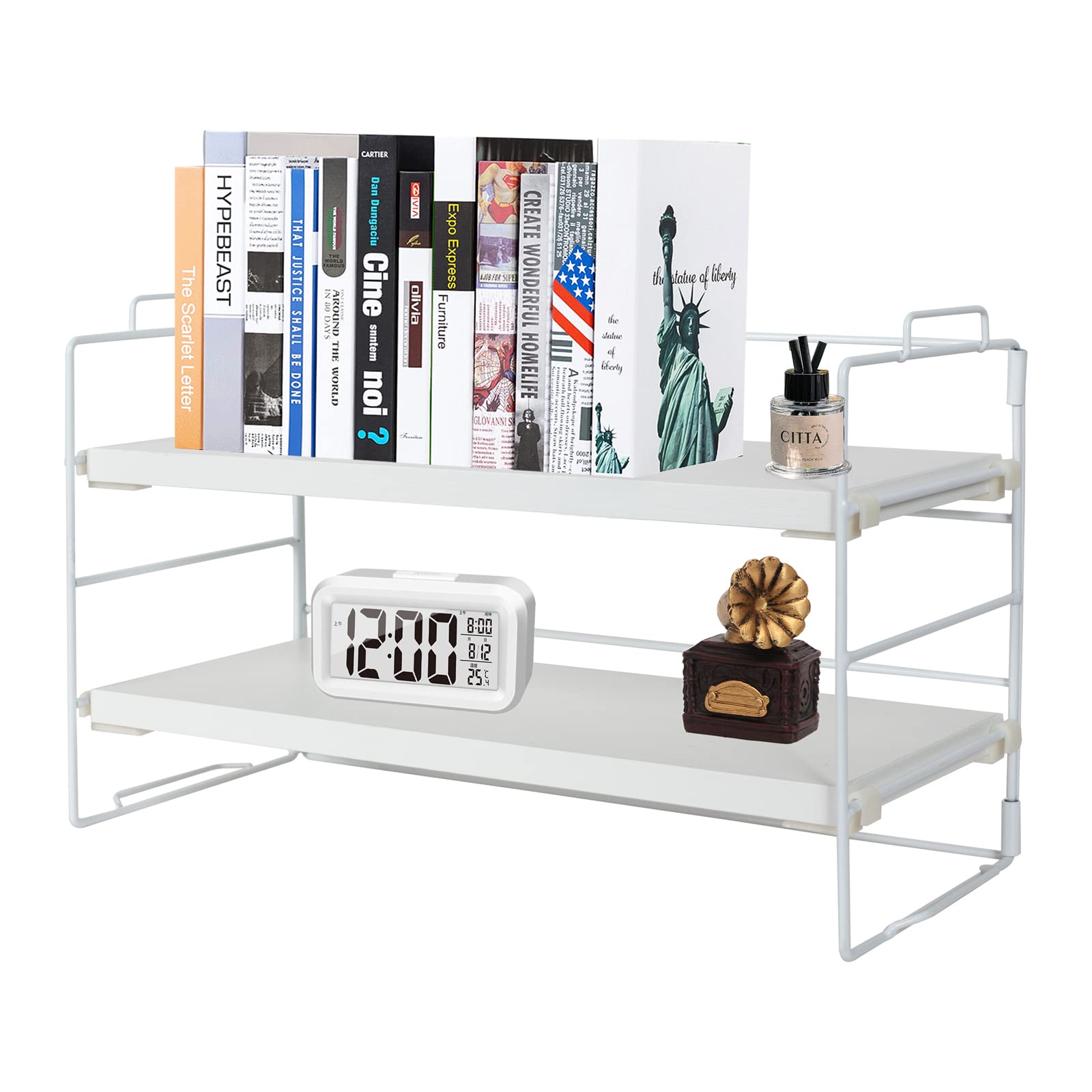 powerking Desk Shelf Organiser, 2 Tier White Painted Metal Frame and Teak Board Desktop Shelves, wooden Multipurpose Display Bookcase Storage Rack for Table, Office and Reading Room