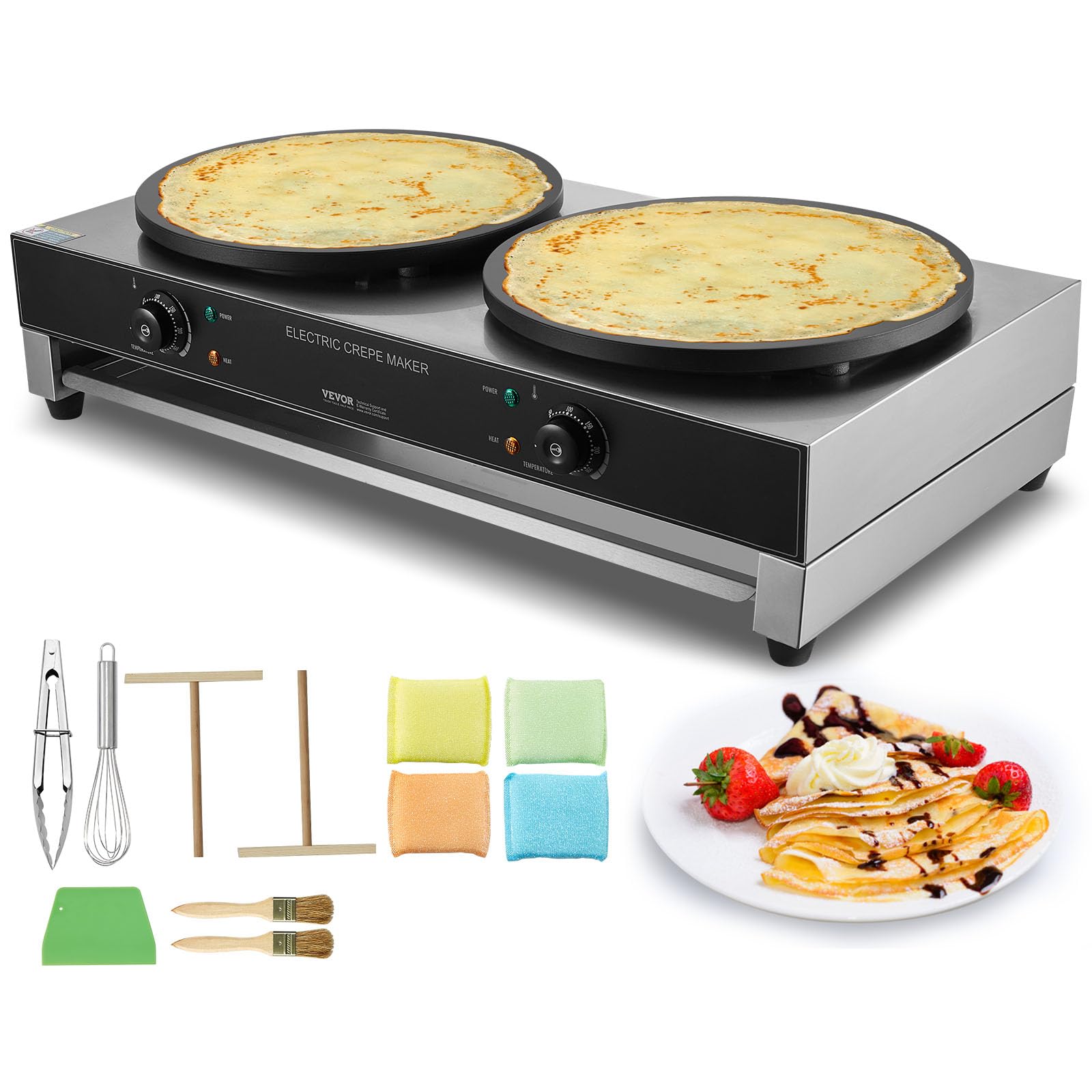 Photo 1 of VEVOR Electric Crepe Maker, 16-Inch Double Head Commercial Crepe Machine, 3400W Flat Plate Crepe Griddle, Nonstick Stainless Steel Pancake Making, Desktop Circular Cereals Pancake Stove, Temp Control