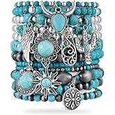BROCC 12PCS Turquoise Beaded Stretch Bracelets for Women Western Cowgirl Bracelets Handmade Stackable Vintage Rodeo Western Jewelry Set