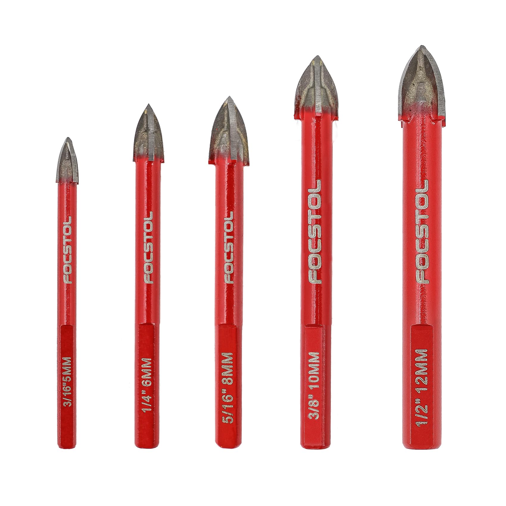 FOCSTOL Masonry Drill Bits Set - 5pcs 5/6/8/10/12mm Carbide Drill Bits Set with Triangle Shank for Wood Plastic Foam Tiles Softer Materials