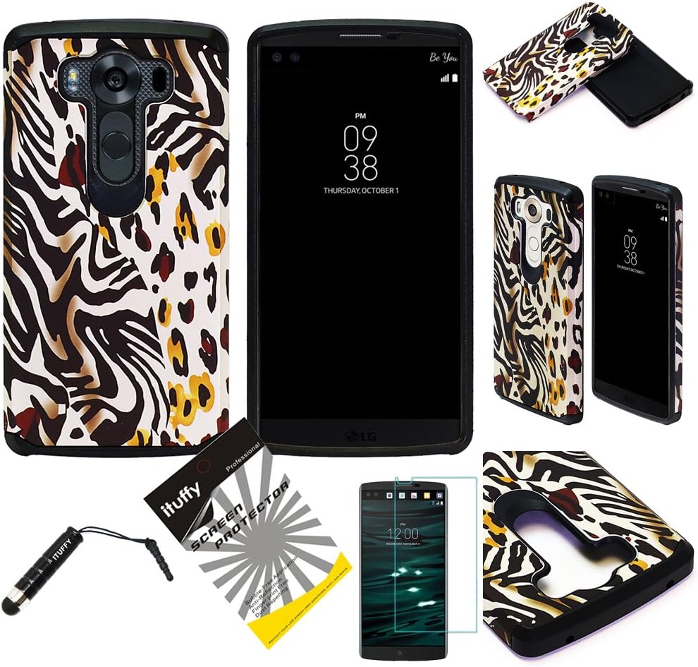 for LG V10 ITUFFY (TM) 3items Combo: Screen Protector + Stylus Pen + Dual Layer Shock Proof Hybrid Armor Case (Mix Gold Leopard)