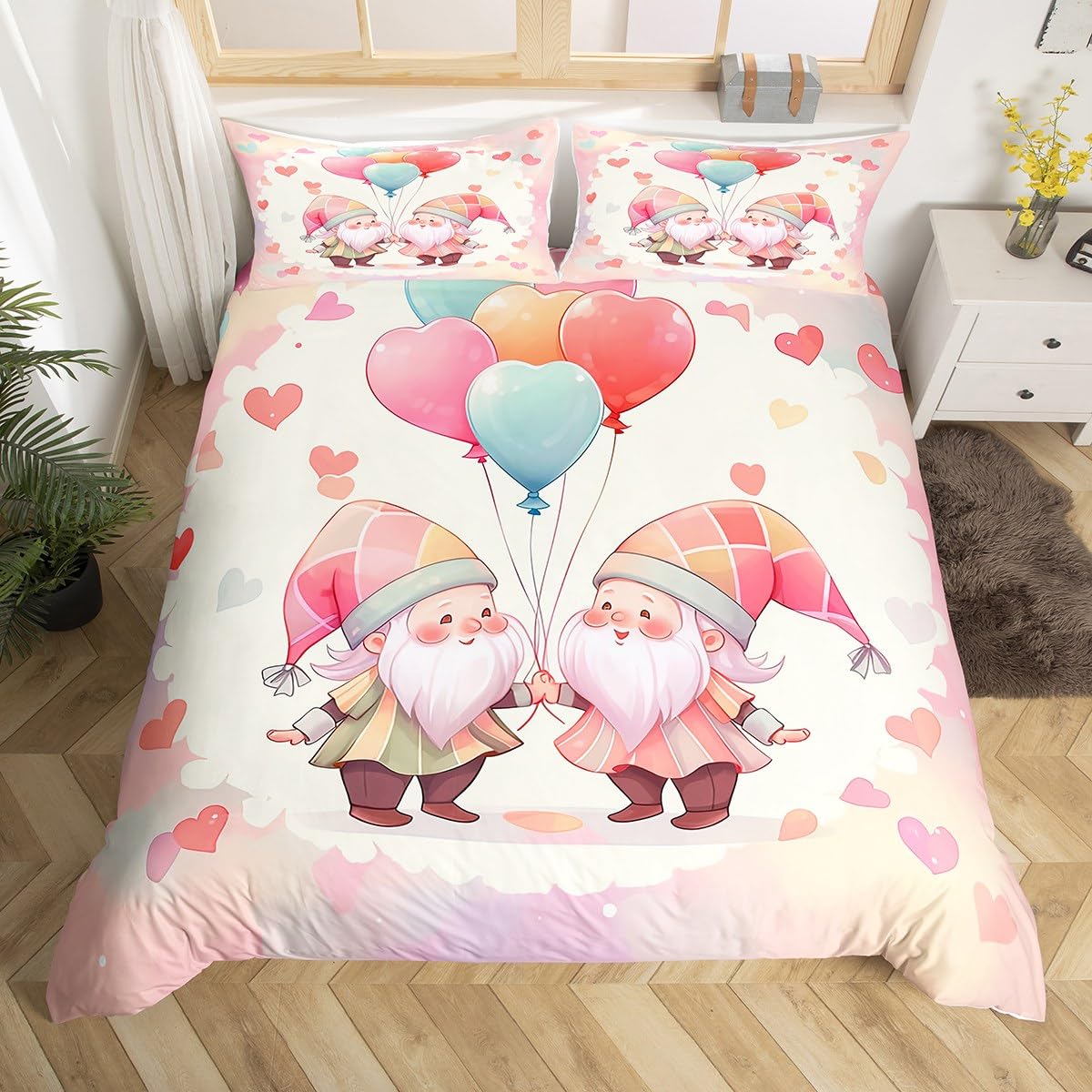 Manfei Valentine's Day Duvet Cover Set Single Size, Gnome Couples Bedding Set 2pcs for Girls Adults Lovers Room Decor, Heart Balloon Print Comforter Cover Soft Polyester Quilt Cover with 1 Pillowcase