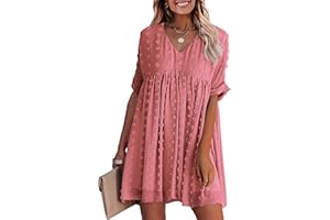 KIRUNDO Womens Summer Dresses 2024 Casual V Neck Short Sleeve Swiss Dot Ruffle Loose Flowy Mini Babydoll Dress
