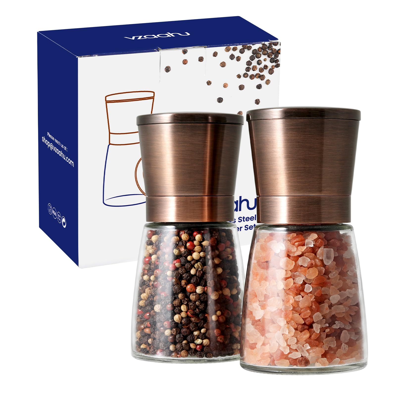 Vzaahu Salt and Pepper Grinders 2 Set with Ceramic Core Cinnamon,Adjustable Coarseness,Color Copper,Portable,Refillable Spice Mills,Home Kitchen Birthday,Housewarming Gifts