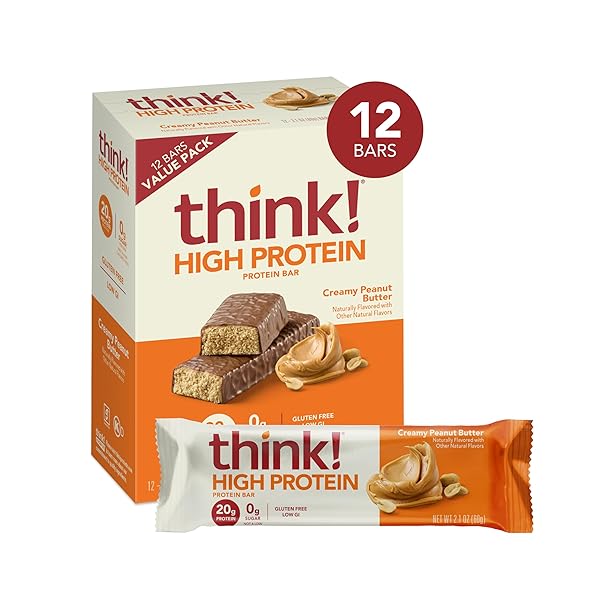 THINK! PROTEIN BARS, HIGH PROTEIN SNACKS, GLUTEN FREE, KOSHER FRIENDLY, CREAMY PEANUT BUTTER, NUTRITION BARS, 2.1 OZ PER BAR, 12 COUNT (PACKAGING MAY VARY)