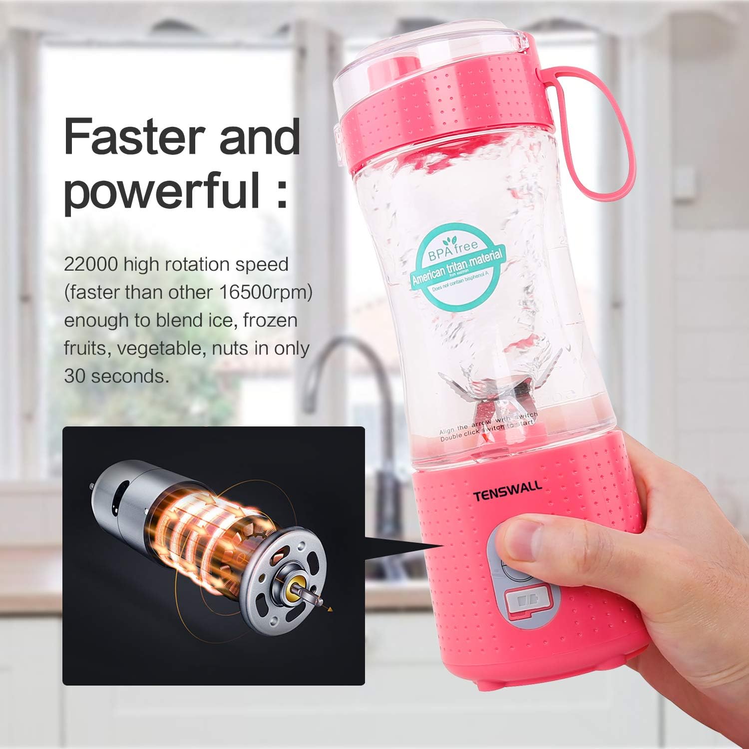 Portable Blender, Smoothie Blenders, Personal Size Blender USB Rechargeable Smoothies and Shakes Juicer Cup, 4000mAh Battery Strong Power Pink: Kitchen & Dining