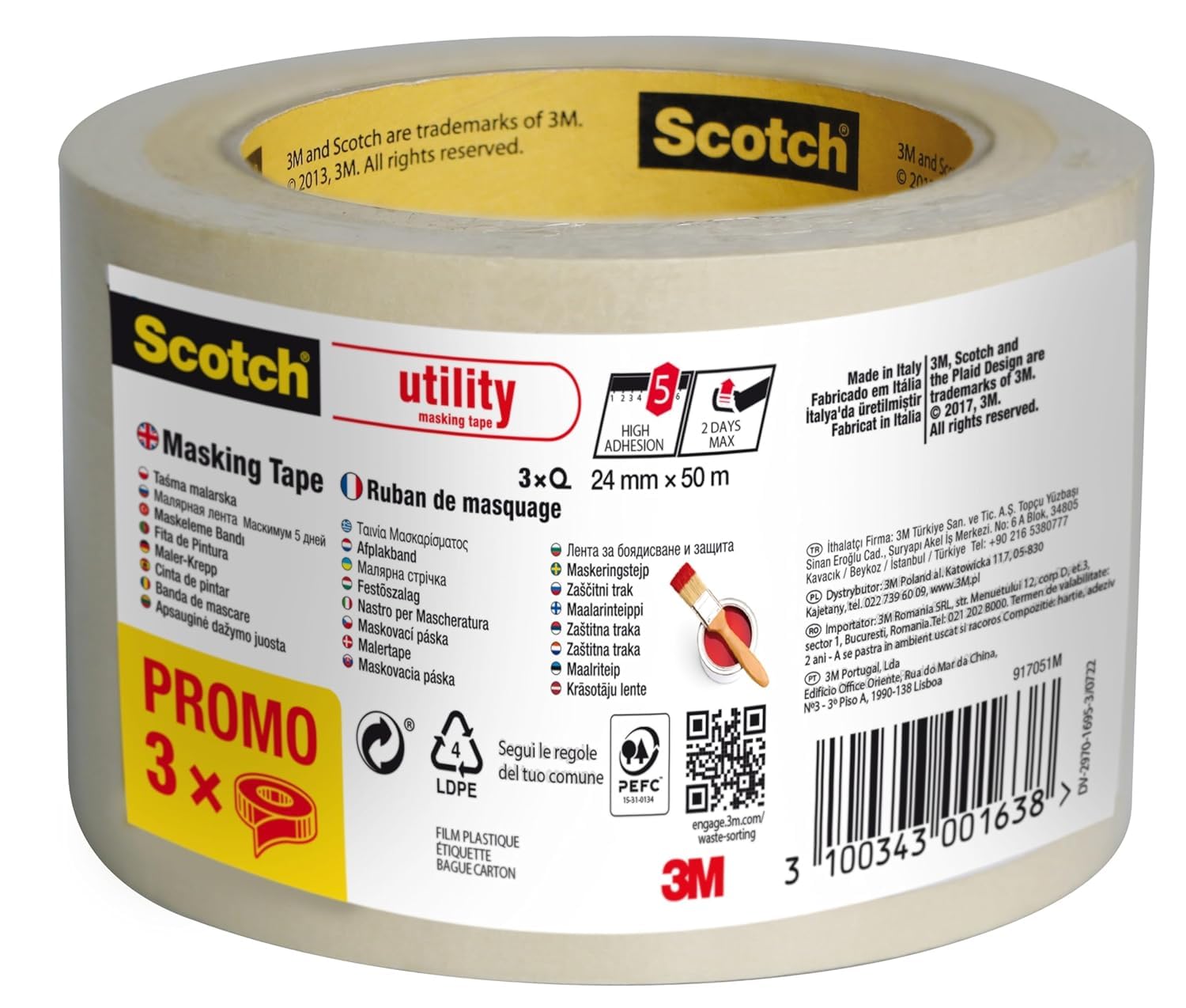 Scotch Masking Tape, Promo Pack of 3 Rolls, 24 mm x 50 m, Beige - Painters Masking Tape for Indoor Painting and Decorating, 70% PEFC — image 1