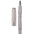 Hongdian 100 Silver Steel Piston Fountain Pen, Iridium Long Blade Fine Nib Calligraphy, Smooth Writing Pens, Nice Writing Pen for Men & Women