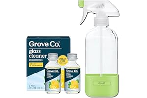 Grove Co. Glass Cleaner, Refill Concentrate (2 x 1 Fl Oz) + 1 x Reusable Glass Spray Bottle (16 Oz) Plant-Based Cleaning Supplies Bundle, No Plastic Waste, 100% Natural Lemon & Eucalyptus Fragrance
