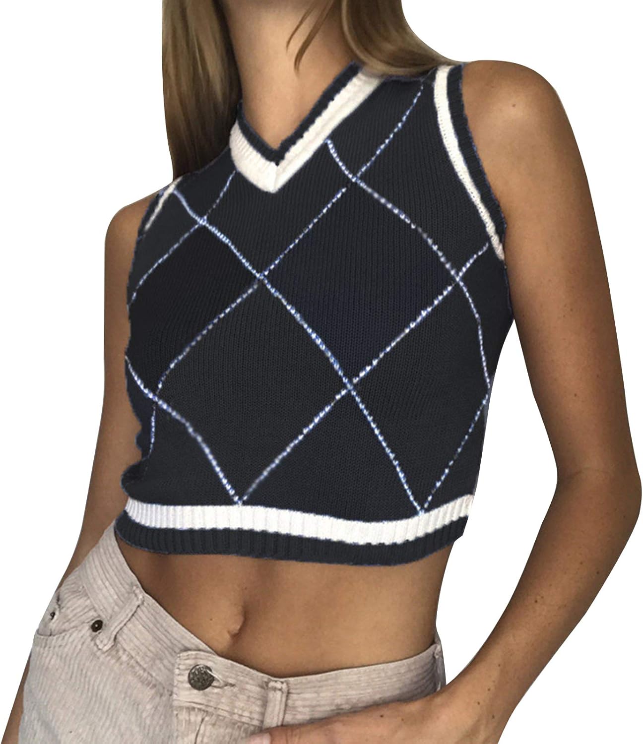 Women's Knit Sweater Vest Argyle Sweater Vest Retro Plaid Vest Top for